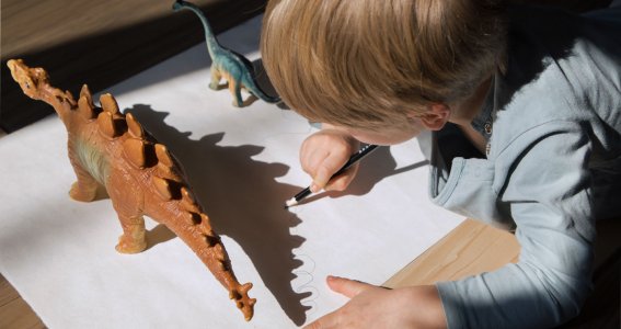 Kind malt Umrisse von Dino nach