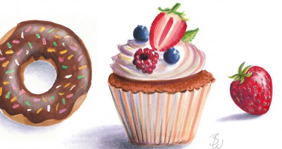 Eine Zeichnung eines Muffins, Donuts und einer Erdbeere
