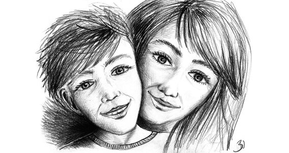 Portrait von einer Frau und einem Jungen. 