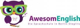 Das Logo mit einer lilalenen Eule mit Brille von Awesom English.