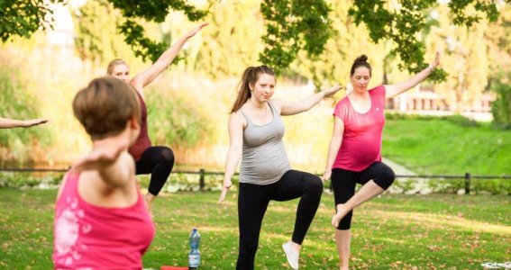 Eine Gruppe von Schwangeren macht Yoga im Park.