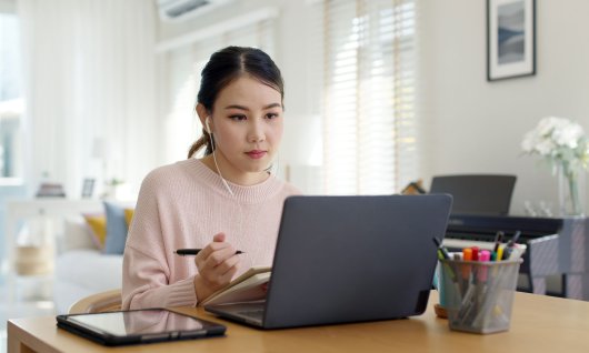 Online Excel-Kurs für Studenten Eine junge Frau schreibt in den Notizblock und sitzt vor dem Laptop im Wohnzimmer