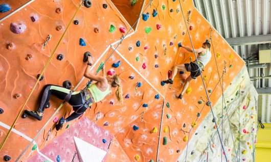 Erwachsene klettern an einer Kletterwand