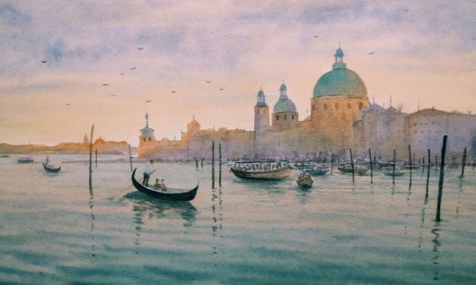 Aquarellbild von Meer und Booten