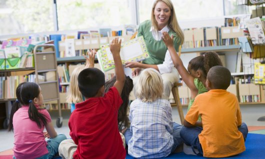 Englischsprachkurse für Kinder in Düsseldorf Lehrerin zeigt den Kindern ein Buch die am Boden sitzen.
