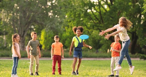 Kinder spielen auf der Wiese Frisbee