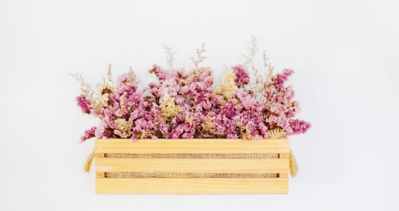 Eine Holzkiste mit rosafarbenen Trockenblumen
