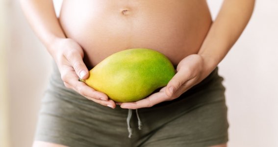 Schwangere Frau die eine Mango vor ihren Bauch hält.