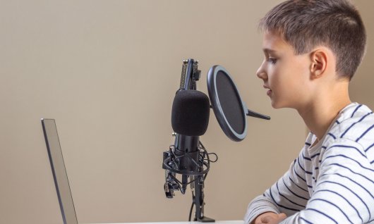 Online Singen für Kinder Junge spricht ins Mikro und schaut auf seinen Laptop
