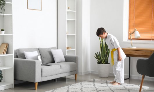 Ein Junge in Kampfsport-Trainingskleidung verbeugt sich vor dem Laptop im Wohnzimmer