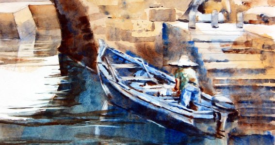 Bild aus Aquarellfarben, auf dem ein Mann in einem Boot zu sehen ist