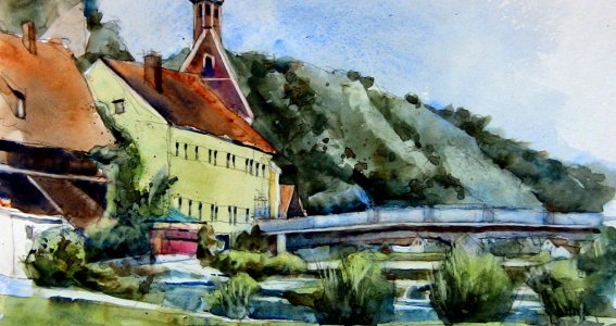 Aquarell-Bild mit Häusern, einer Brücke und Wasser