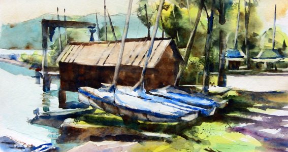 Aquarell Bild mit Booten auf einem See