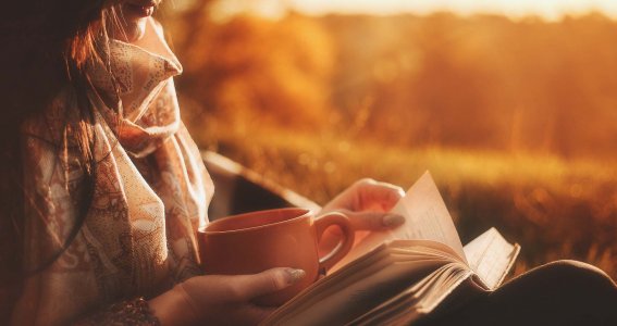 Frau liest Buch im Sonnenaufgang