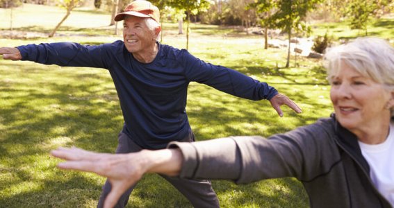 Senioren machen einfache Yogaübungen im Freien